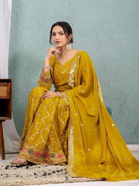 Mustard Yellow Chinon Sharara Set with Mirror and Sequin Embroidery Festive Wear Ready To Wear Collection
