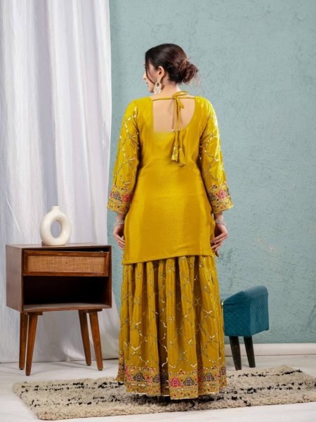 Mustard Yellow Chinon Sharara Set with Mirror and Sequin Embroidery Festive Wear Ready To Wear Collection