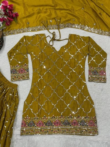 Mustard Yellow Chinon Sharara Set with Mirror and Sequin Embroidery Festive Wear Ready To Wear Collection