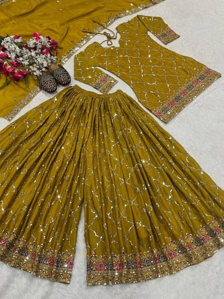 Mustard Yellow Chinon Sharara Set with Mirror and Sequin Embroidery Festive Wear Ready To Wear Collection
