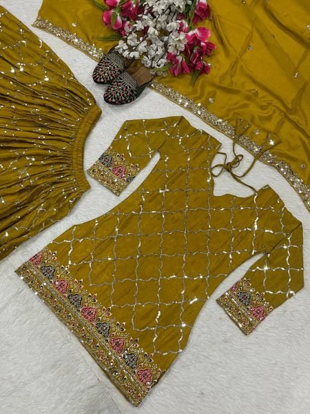 Mustard Yellow Chinon Sharara Set with Mirror and Sequin Embroidery Festive Wear Ready To Wear Collection