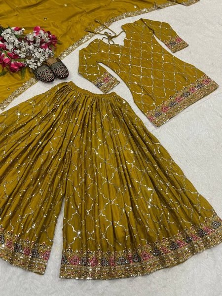 Mustard Yellow Chinon Sharara Set with Mirror and Sequin Embroidery Festive Wear Ready To Wear Collection