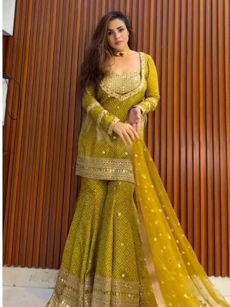Mustard Yellow Chinon Silk 3Pc Palazzo Suit Set with Sequin Work at Manufacturer Price 