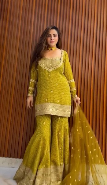 Mustard Yellow Chinon Silk 3Pc Palazzo Suit Set with Sequin Work at Manufacturer Price Ready To Wear Collection