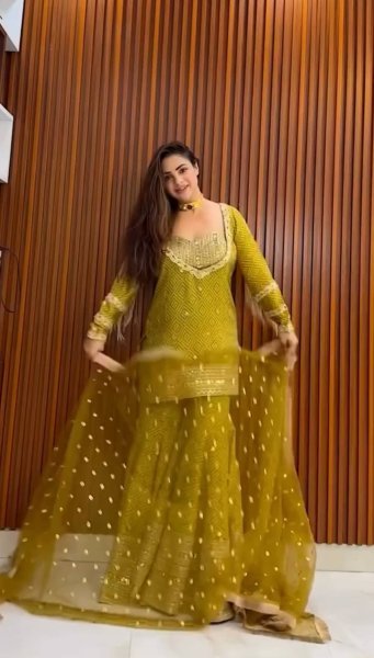 Mustard Yellow Chinon Silk 3Pc Palazzo Suit Set with Sequin Work at Manufacturer Price Ready To Wear Collection