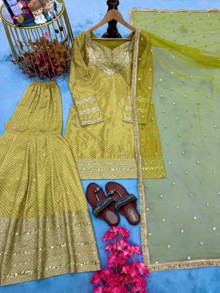 Mustard Yellow Chinon Silk 3Pc Palazzo Suit Set with Sequin Work at Manufacturer Price Ready To Wear Collection