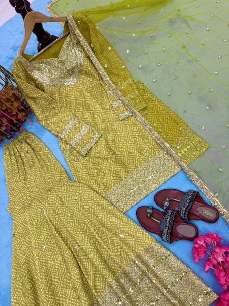 Mustard Yellow Chinon Silk 3Pc Palazzo Suit Set with Sequin Work at Manufacturer Price Ready To Wear Collection