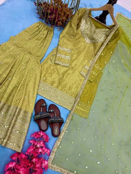 Mustard Yellow Chinon Silk 3Pc Palazzo Suit Set with Sequin Work at Manufacturer Price Ready To Wear Collection