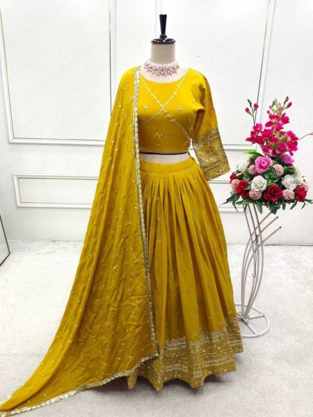 Mustard Yellow Chinon Silk Lehenga Set with Embroidery Dupatta Festive Ready Style  Lehenga