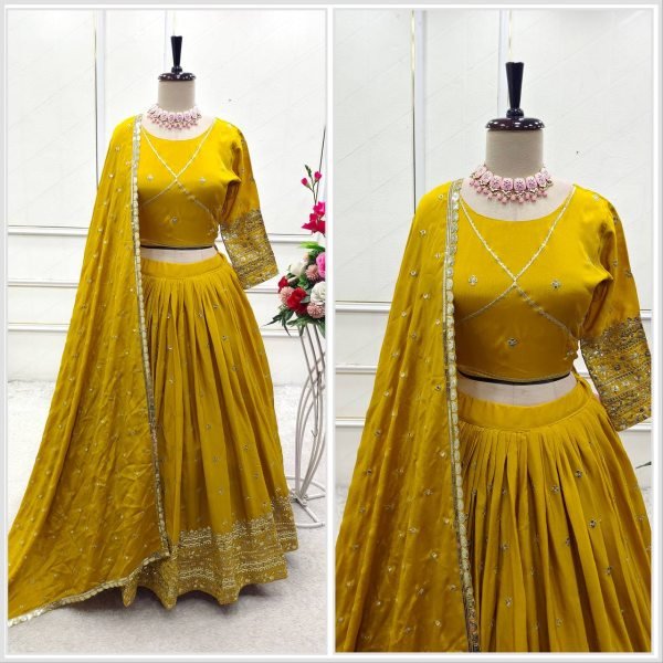 Mustard Yellow Chinon Silk Lehenga Set with Embroidery Dupatta Festive Ready Style Designer Lehenga Choli
