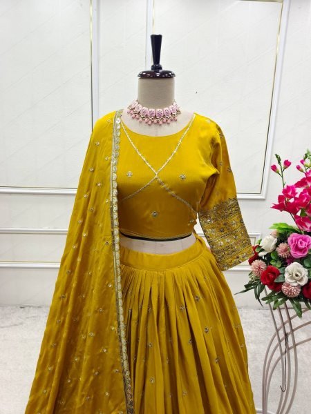 Mustard Yellow Chinon Silk Lehenga Set with Embroidery Dupatta Festive Ready Style Designer Lehenga Choli