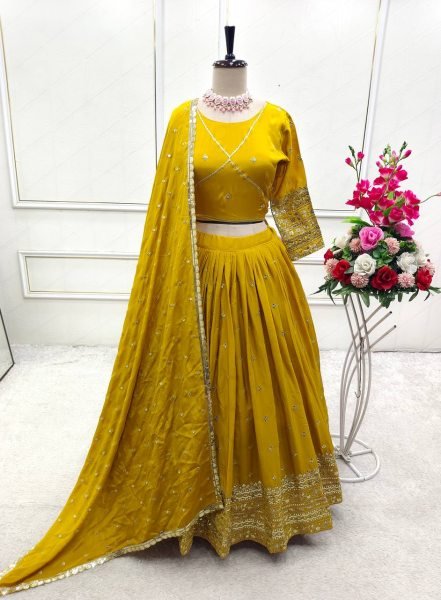 Mustard Yellow Chinon Silk Lehenga Set with Embroidery Dupatta Festive Ready Style Designer Lehenga Choli