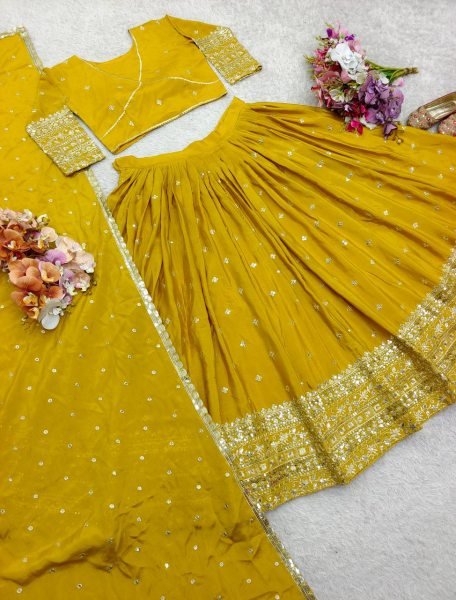Mustard Yellow Chinon Silk Lehenga Set with Embroidery Dupatta Festive Ready Style Designer Lehenga Choli