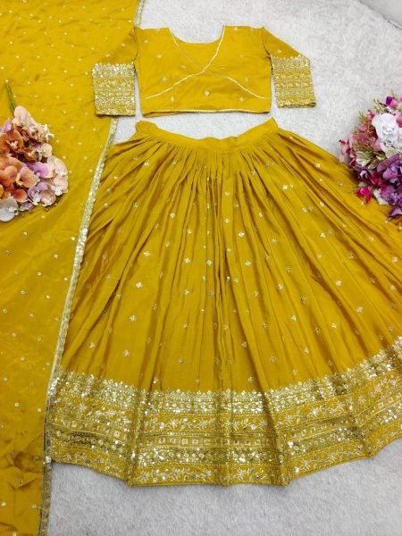 Mustard Yellow Chinon Silk Lehenga Set with Embroidery Dupatta Festive Ready Style Designer Lehenga Choli