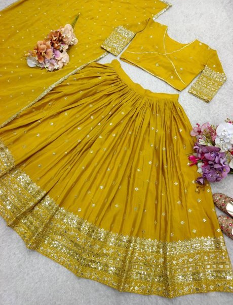 Mustard Yellow Chinon Silk Lehenga Set with Embroidery Dupatta Festive Ready Style Designer Lehenga Choli