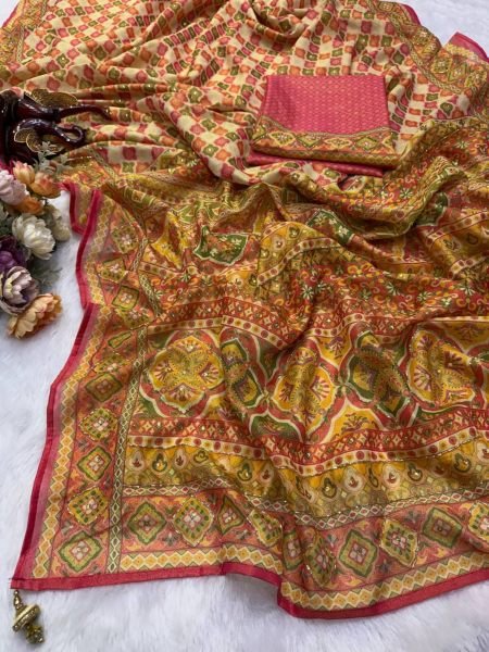 Mustard Yellow Chosmo Silk Saree with Katdana Handwork and Scallop Border For Wedding Sarees 