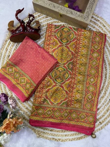 Mustard Yellow Chosmo Silk Saree with Katdana Handwork and Scallop Border For Wedding Silk Sarees Wholesale