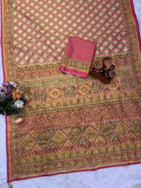 Mustard Yellow Chosmo Silk Saree with Katdana Handwork and Scallop Border For Wedding Silk Sarees Wholesale