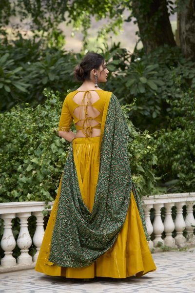 Mustard Yellow Color Plain With Gota Patti Cotton Lehenga Choli Set Navratri Lehnega Choli