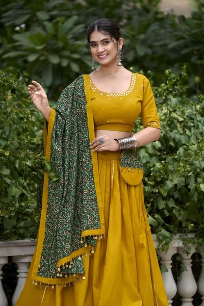Mustard Yellow Color Plain With Gota Patti Cotton Lehenga Choli Set Navratri Lehnega Choli