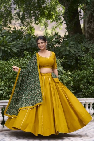 Mustard Yellow Color Plain With Gota Patti Cotton Lehenga Choli Set Navratri Lehnega Choli
