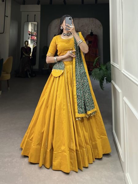 Mustard Yellow Color Plain With Gota Patti Cotton Lehenga Choli Set Navratri Lehnega Choli
