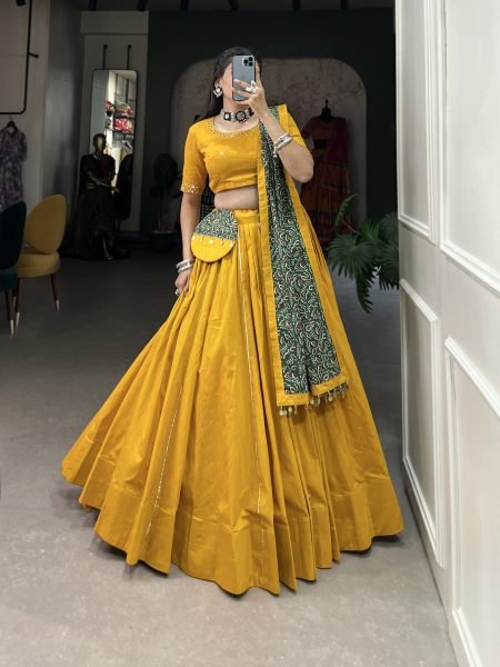 Mustard Yellow Color Plain With Gota Patti Cotton Lehenga Choli Set Navratri Lehnega Choli