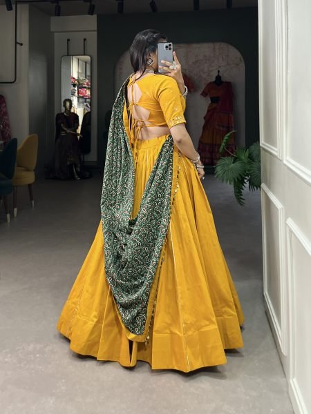 Mustard Yellow Color Plain With Gota Patti Cotton Lehenga Choli Set Navratri Lehnega Choli