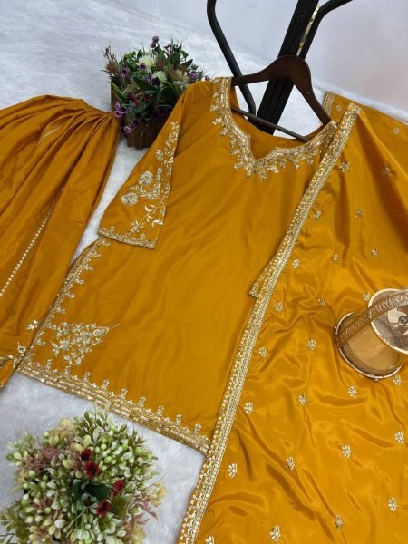 Mustard Yellow Crepe Suit with Embroidery and Palazzo Festive Look 