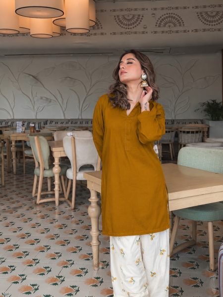 Mustard Yellow Designer Cotton Embroidered Top and Bottom Set with Heavy Fabric Kurtis