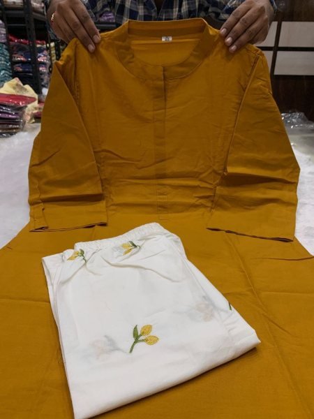 Mustard Yellow Designer Cotton Embroidered Top and Bottom Set with Heavy Fabric CO ORD Sets