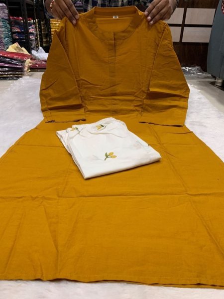 Mustard Yellow Designer Cotton Embroidered Top and Bottom Set with Heavy Fabric CO ORD Sets