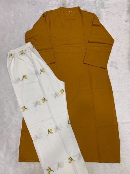 Mustard Yellow Designer Cotton Embroidered Top and Bottom Set with Heavy Fabric CO ORD Sets