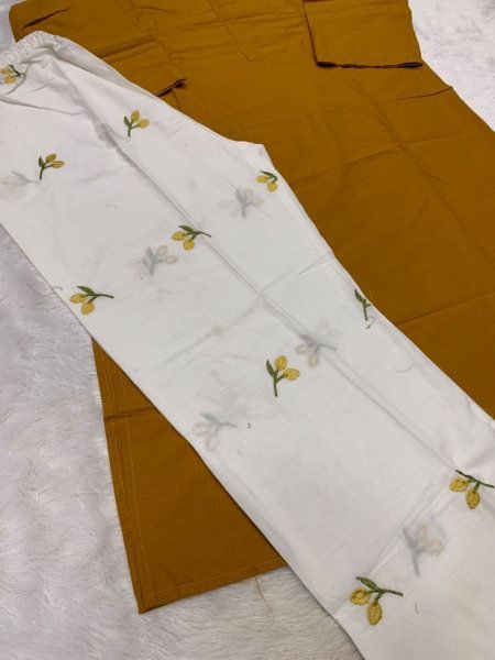 Mustard Yellow Designer Cotton Embroidered Top and Bottom Set with Heavy Fabric CO ORD Sets