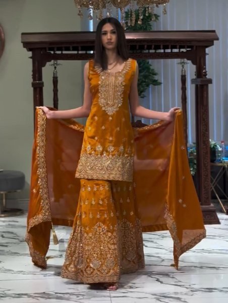 Mustard Yellow Designer Embroidery Work Kurti With Sharara Set Ready To Wear Collection