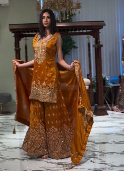 Mustard Yellow Designer Embroidery Work Kurti With Sharara Set Ready To Wear Collection