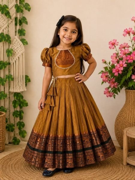 Mustard Yellow Designer Kids Lehenga Choli with Cotton Narayan Pet Zari Border Kurtis