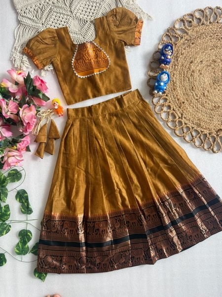 Mustard Yellow Designer Kids Lehenga Choli with Cotton Narayan Pet Zari Border Girls Wear