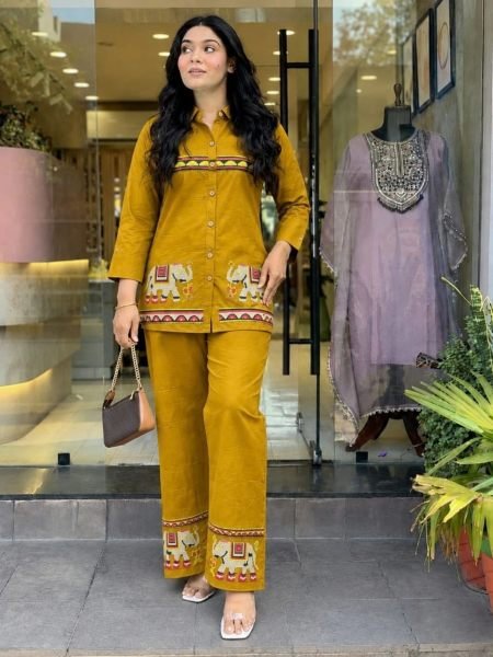 Mustard Yellow Designer Rayon Top Bottom Co Ord Set with Fix Button Pattern at Wholesale Rate 