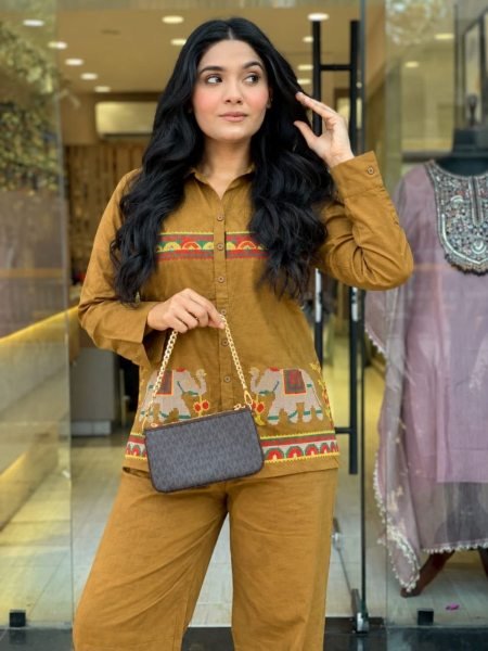 Mustard Yellow Designer Rayon Top Bottom Co Ord Set with Fix Button Pattern at Wholesale Rate CO ORD Sets