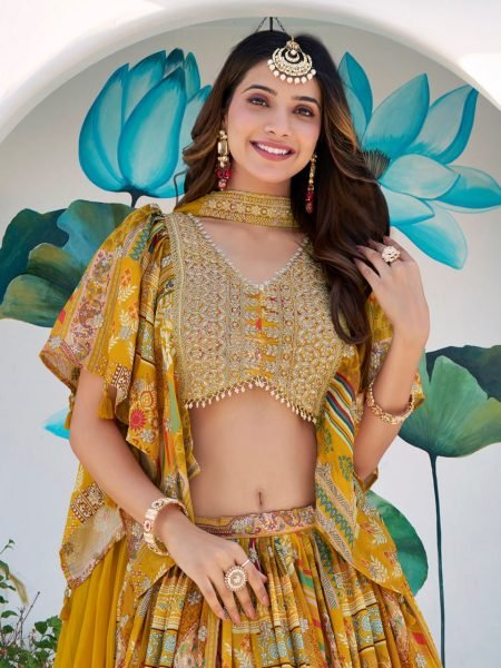 Mustard Yellow Embroidered Chinon Silk Lehenga Choli With Chiffon Choker style dupatta Bulk Buy for Resellers Designer Lehenga Choli