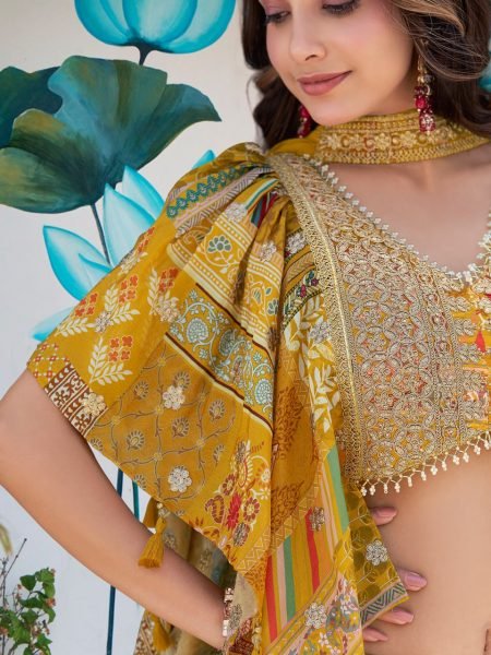Mustard Yellow Embroidered Chinon Silk Lehenga Choli With Chiffon Choker style dupatta Bulk Buy for Resellers Designer Lehenga Choli