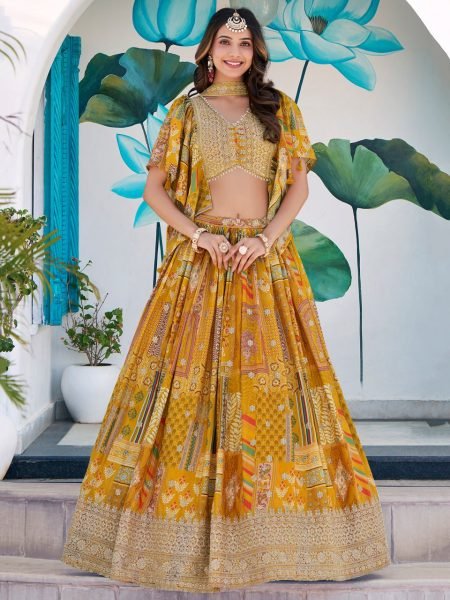 Mustard Yellow Embroidered Chinon Silk Lehenga Choli With Chiffon Choker style dupatta Bulk Buy for Resellers Designer Lehenga Choli
