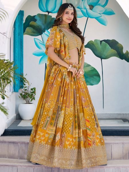 Mustard Yellow Embroidered Chinon Silk Lehenga Choli With Chiffon Choker style dupatta Bulk Buy for Resellers Designer Lehenga Choli
