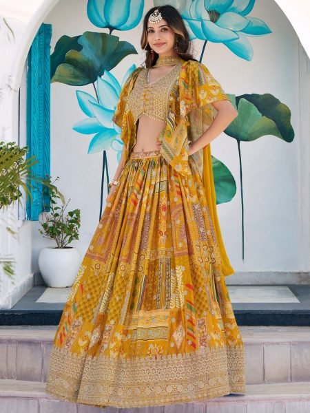 Mustard Yellow Embroidered Chinon Silk Lehenga Choli With Chiffon Choker style dupatta Bulk Buy for Resellers Designer Lehenga Choli