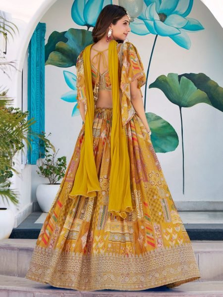 Mustard Yellow Embroidered Chinon Silk Lehenga Choli With Chiffon Choker style dupatta Bulk Buy for Resellers Designer Lehenga Choli