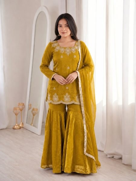 Mustard Yellow Fandy Silk Embroidered Kurti Sharara Dupatta Set with Hot Fix Work Kurtis