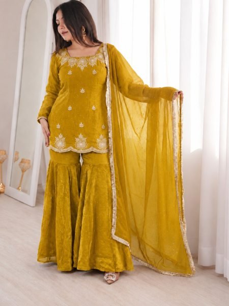 Mustard Yellow Fandy Silk Embroidered Kurti Sharara Dupatta Set with Hot Fix Work 3 Piece Kurti Set