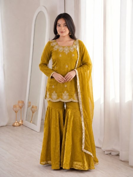 Mustard Yellow Fandy Silk Embroidered Kurti Sharara Dupatta Set with Hot Fix Work 3 Piece Kurti Set