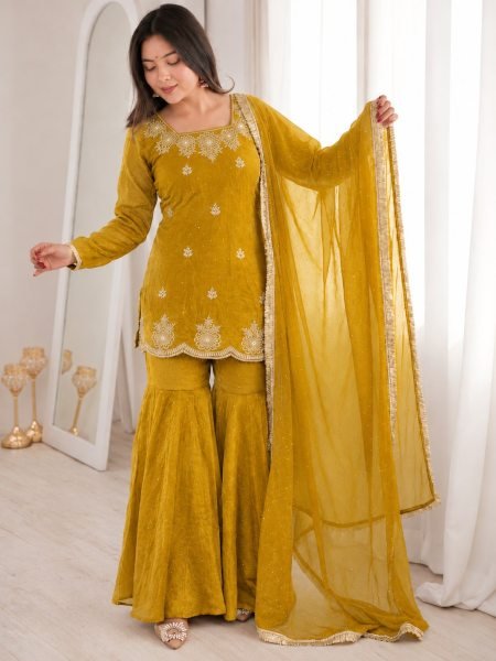 Mustard Yellow Fandy Silk Embroidered Kurti Sharara Dupatta Set with Hot Fix Work 3 Piece Kurti Set
